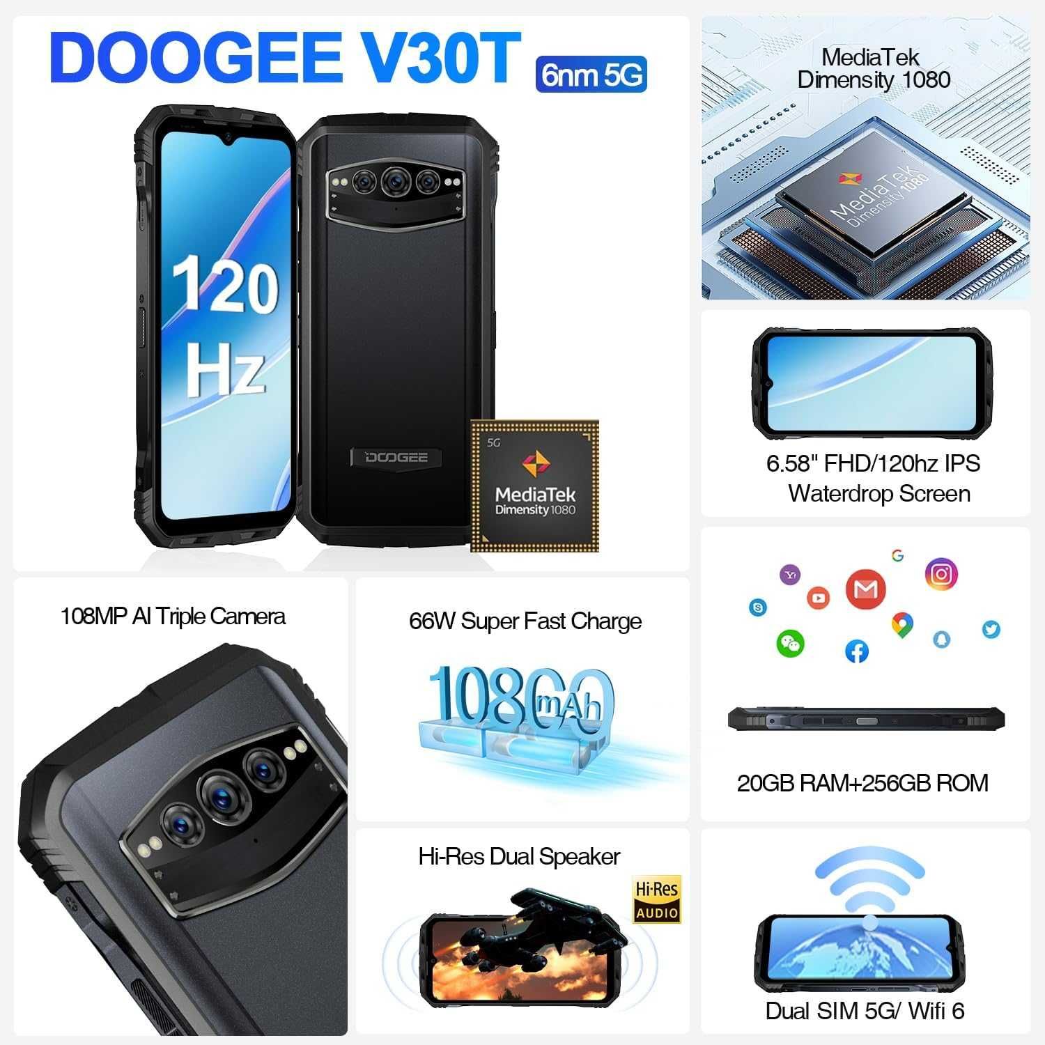 Smartfon DooGee V30T 12 GB  256 GB 5G szary marmur, pancerny