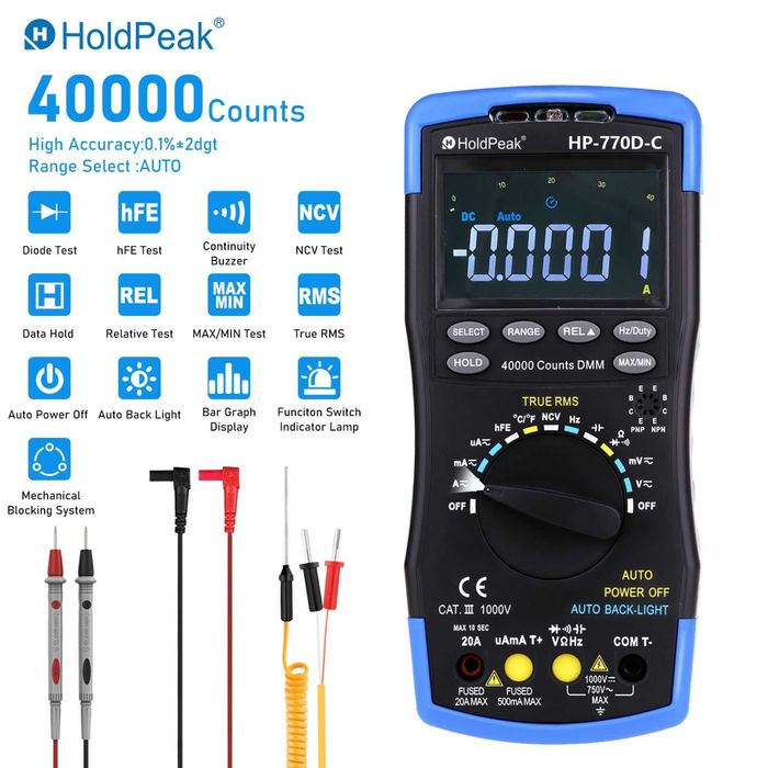 Цифровий мультиметр HoldPeak HP-770D-C NCV True RMS, 40000 відліків