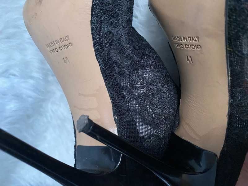 Czarne koronkowe ażurowe szpilki botki peep toe Vero Cuoio rozmiar 41