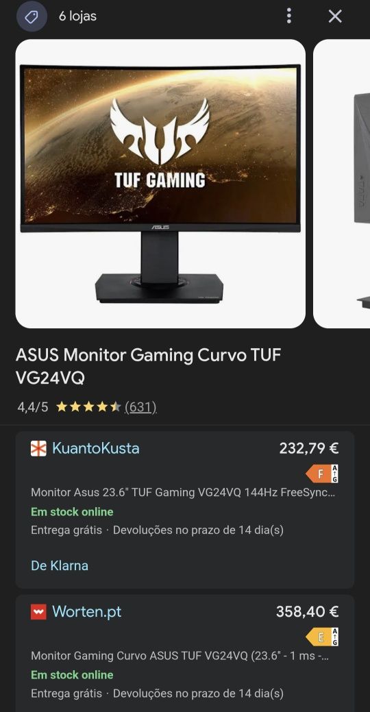 Monitor Gaming Curvo ASUS TUF VG24VQ (23.6'' - 1 ms - 144 Hz - FreeSyn