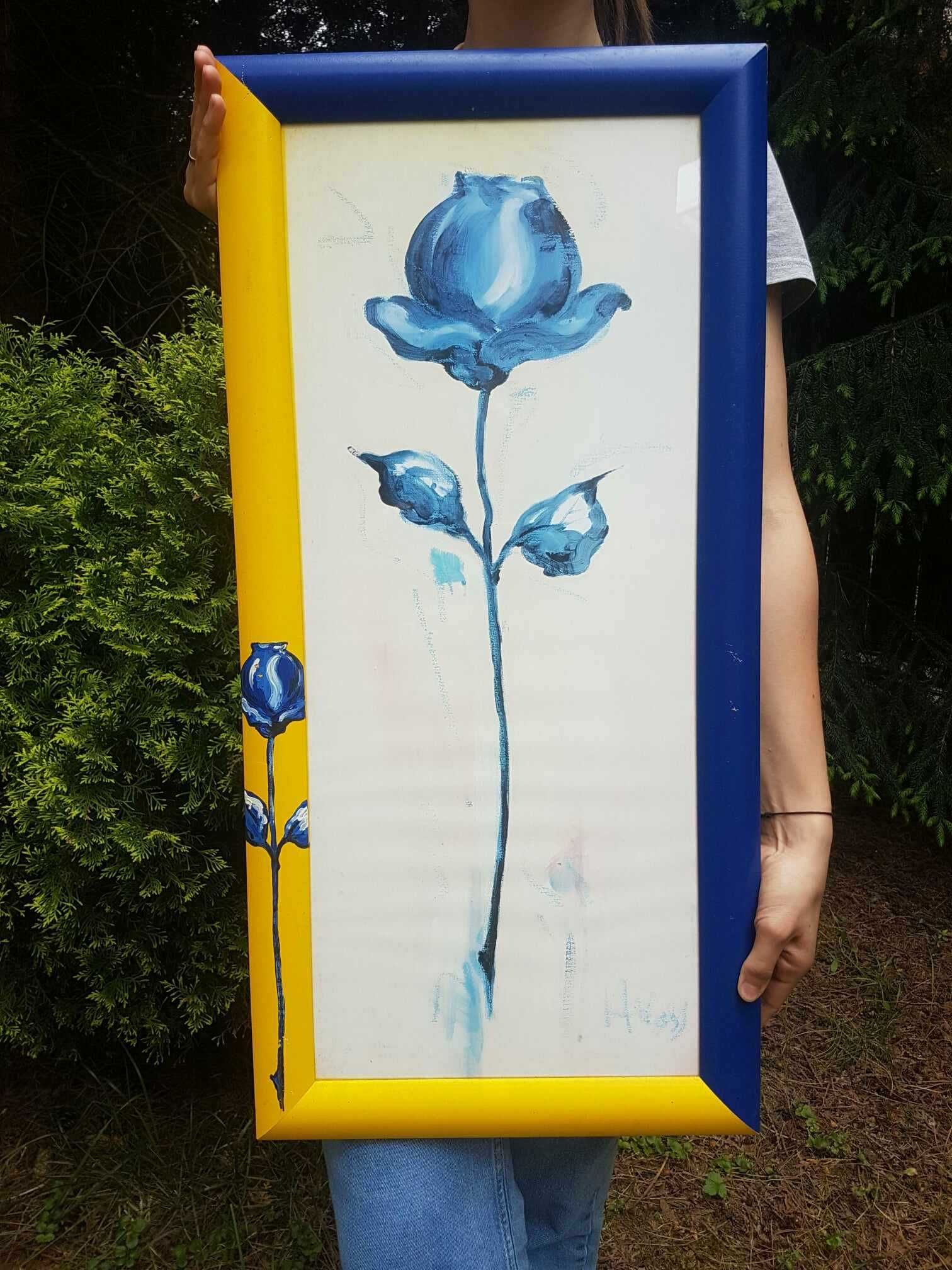 Obraz reprodukcja nowoczesna RÓŻA żółto niebieska za szybą 38X78 cm