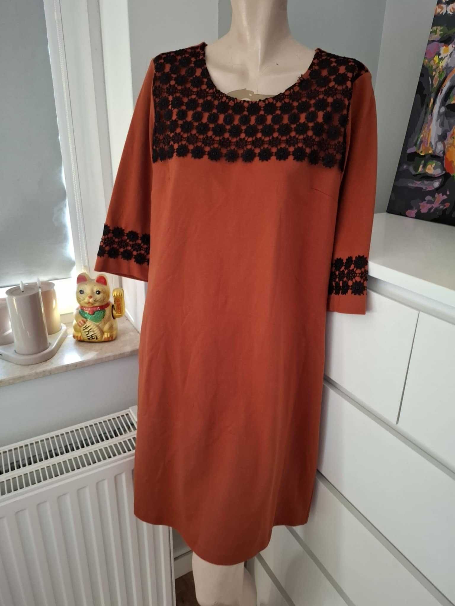 XXL 44 karmelowa brązowa czarna sukienka koronkowa letnia na lato boho