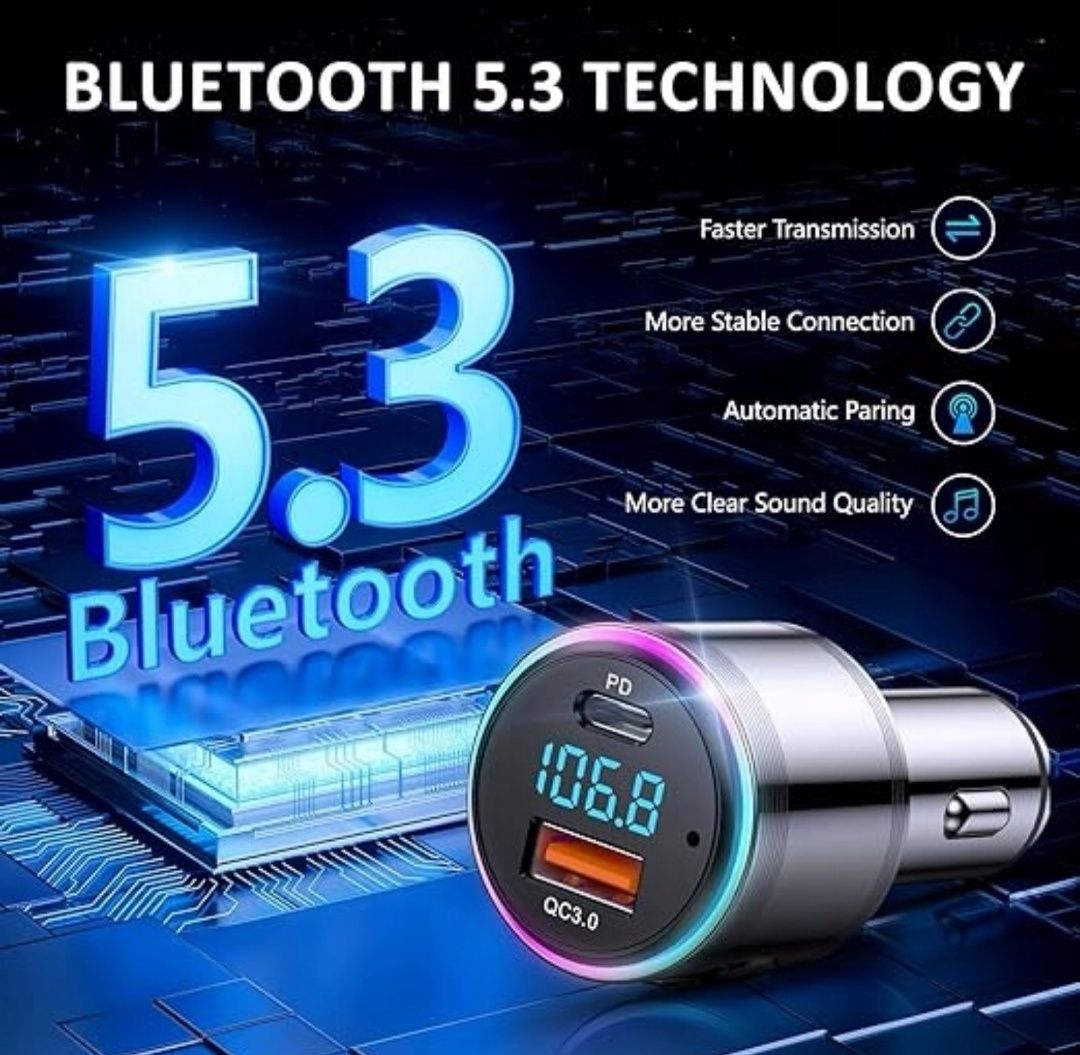 Transmiter FM Lencent 5.3 BT Ładowarka 48W QC3.0 PD USB C