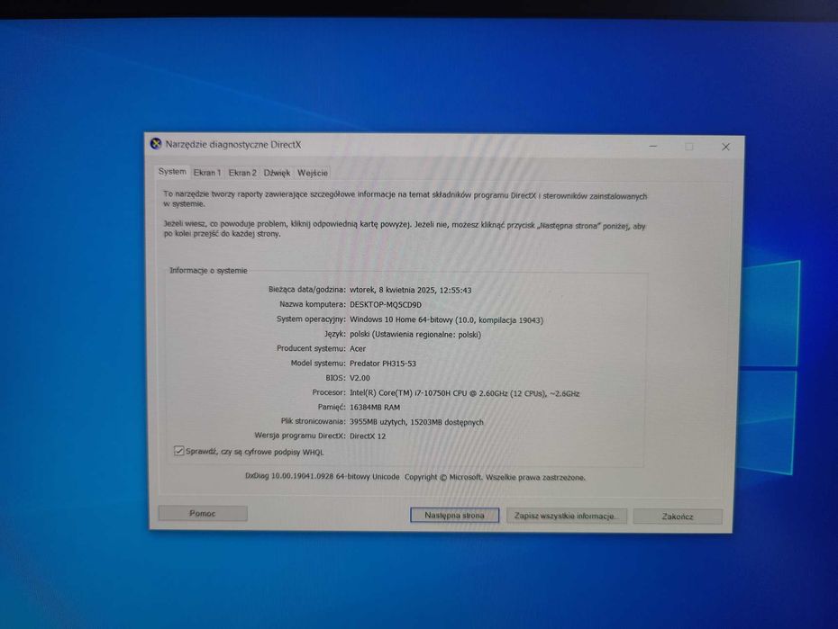 Acer Predator Helios 300 PH315 53 Notebook do gier Używany model 74G2