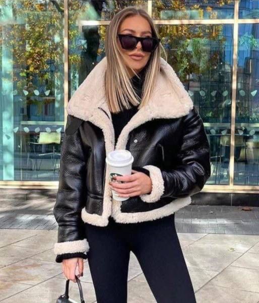 Кожаная черная дубленка ZARA-S/M.Зимняя косуха,куртка авиатор оверсайз