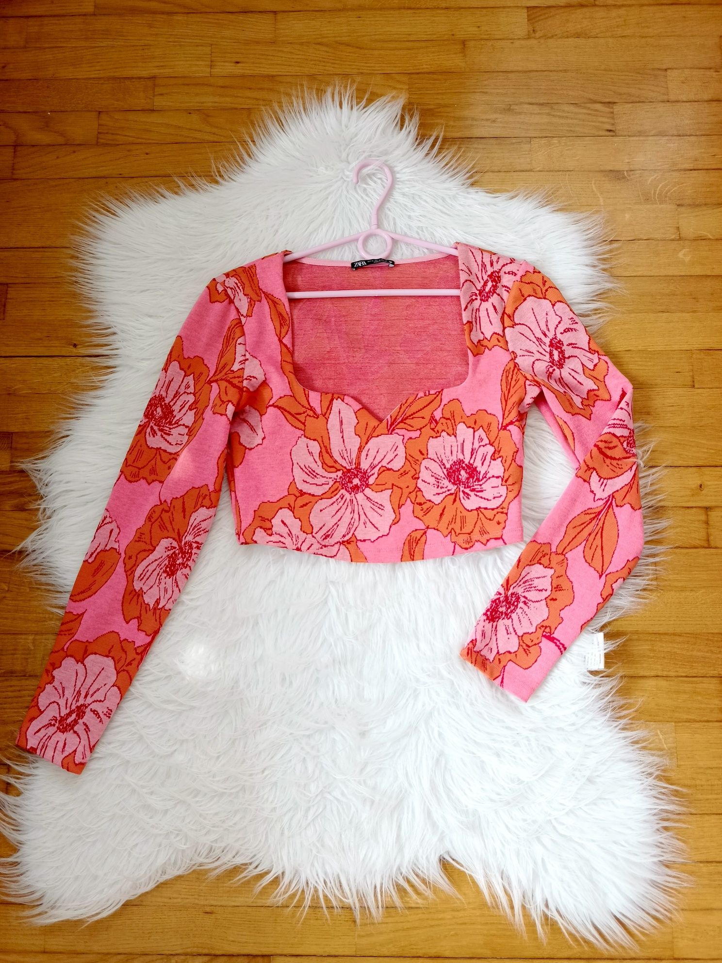 Crop top, Zara, M/38, różowy, kwiaty, długi rękaw