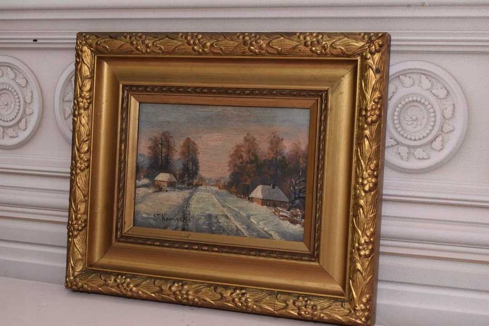 ST Kamocki - Pejzaż Polskiej Wsi Wiejska Chata - Stary Obraz na Drewni