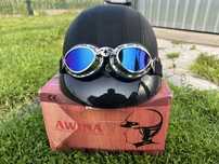 Kask motocyklowy orzeszek retro skóra + gogle + daszek