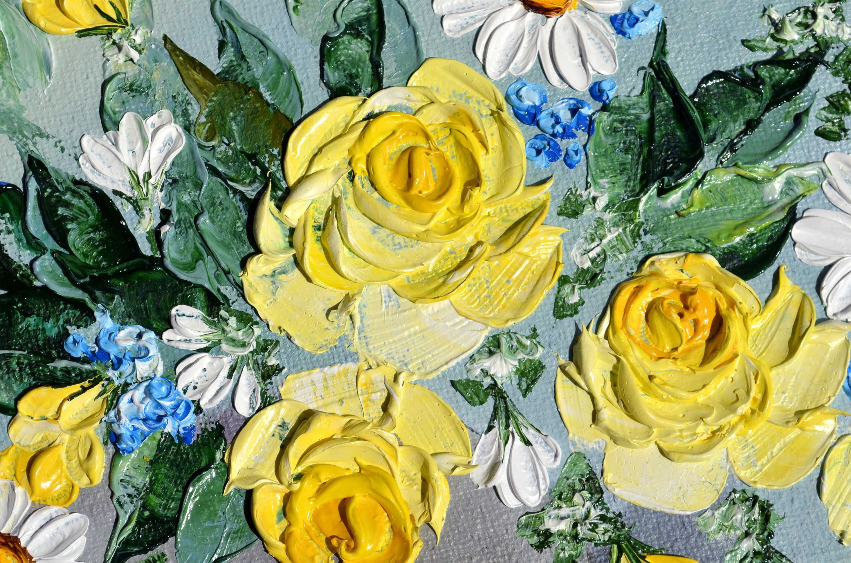 Картина маслом Натюрморт квіти троянди Цветы ромашки