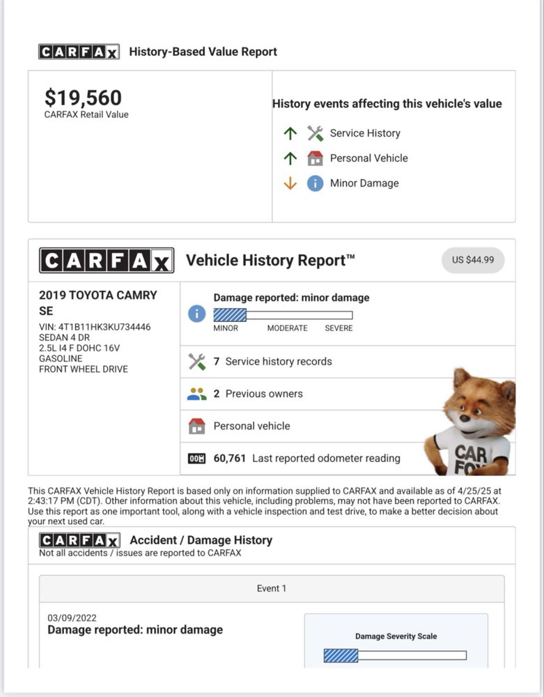 Raporty carfax jest dostepny dla auto z Ameryki/Kanady po numer vin