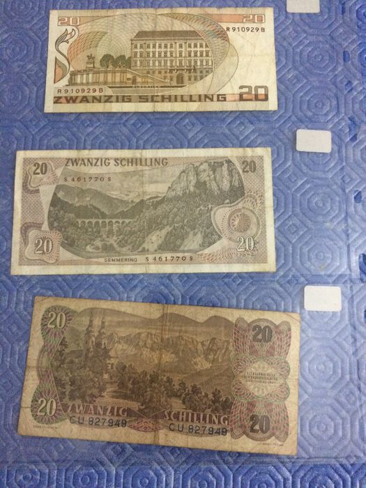 ÁUSTRIA, 3 Notas de 20 Schilings usadas ( 1956,1967e1986 ) BC e MBC