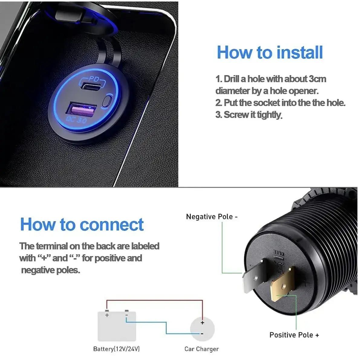 USB зарядка в авто врезная 65W Type C PD + USB QC, USB C 12V зарядне