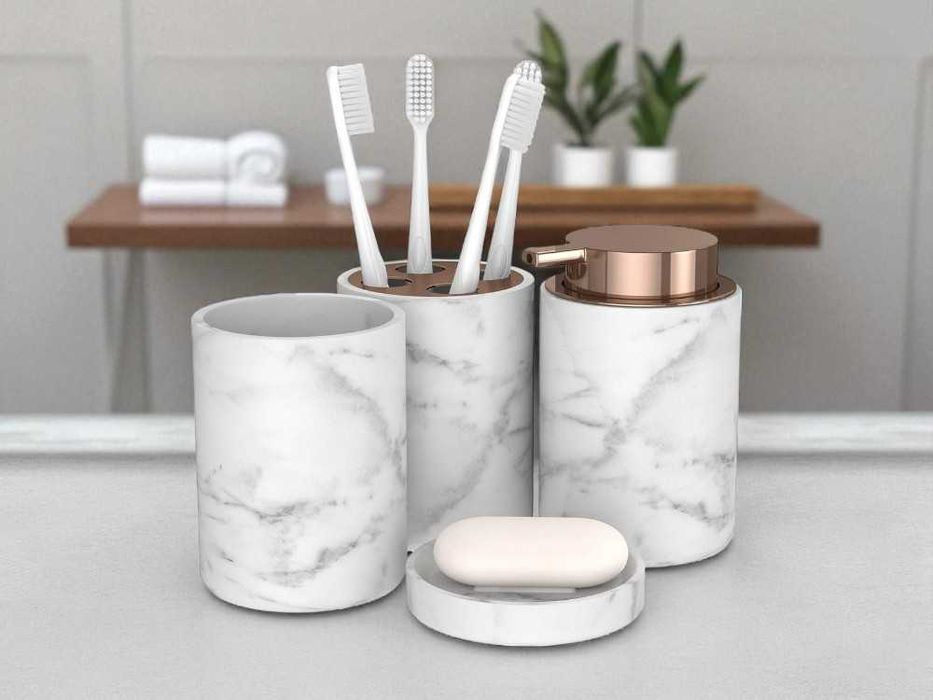 Komplet Łazienkowy 4 elementy styl marmuru i miedzi nowoczesny design