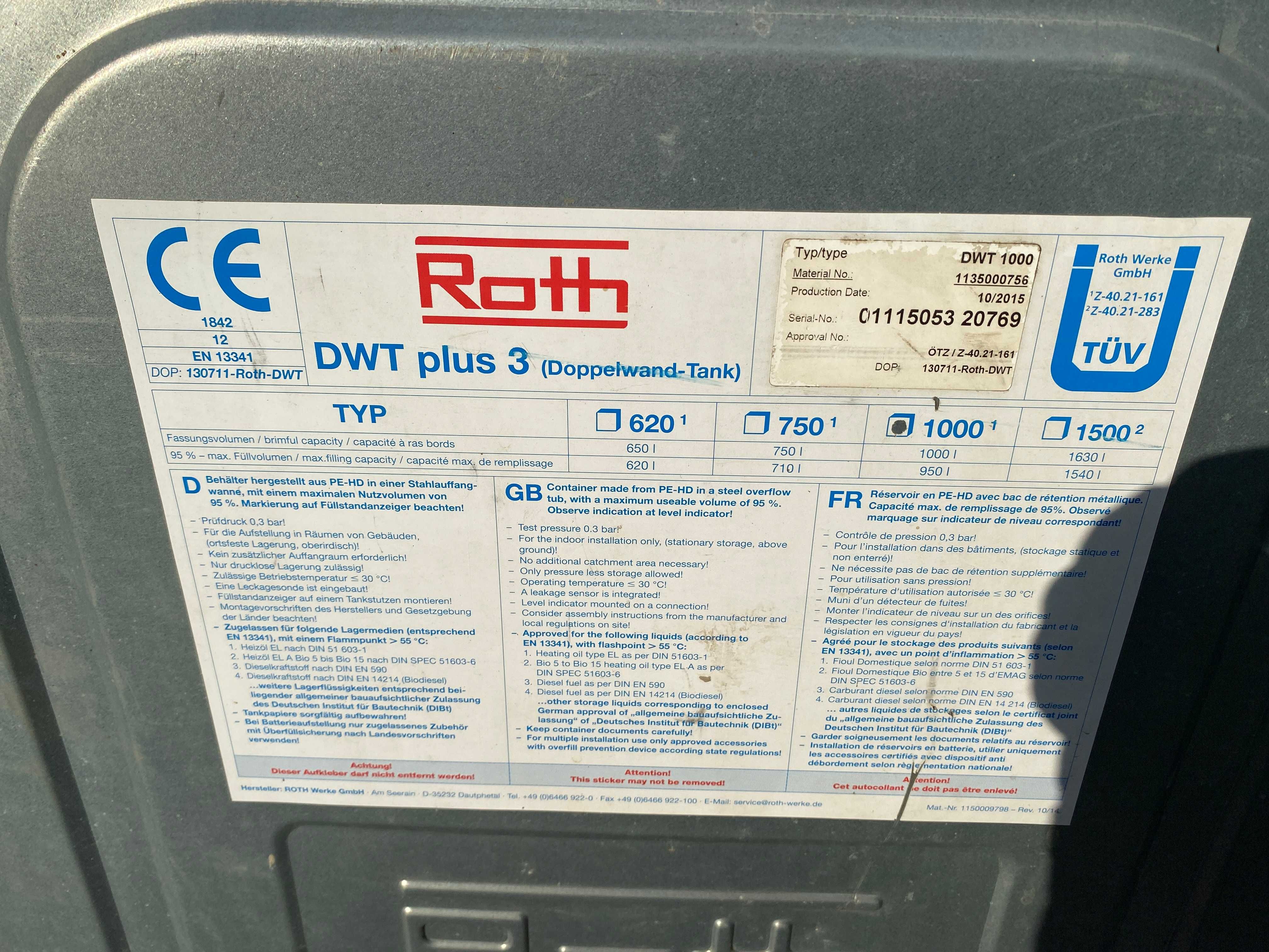 Zbiornik na olej opałowy dwupłaszczowy ROTH DWT 1000L