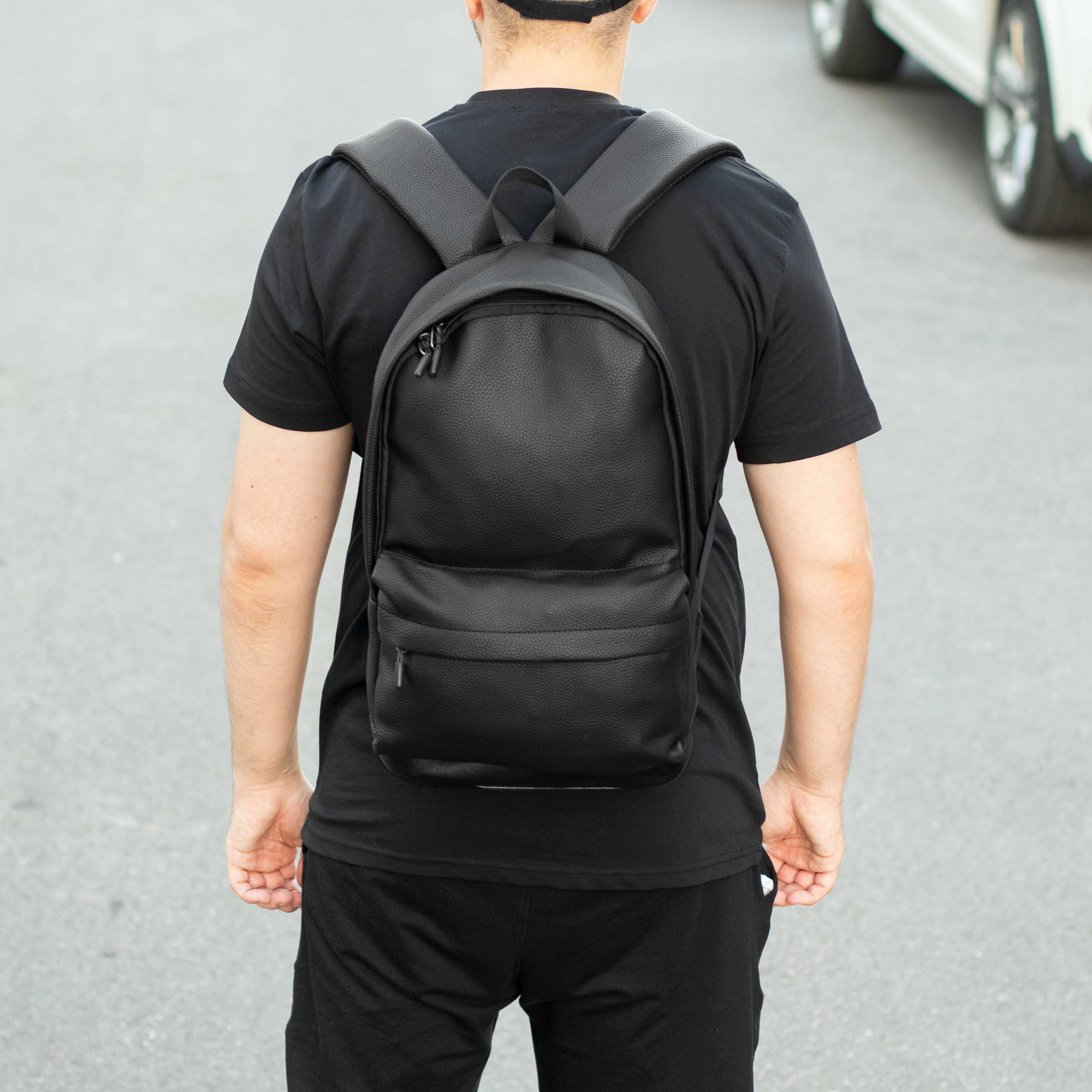 Мужской кожаный городской рюкзак из экокожи черный, портфель
