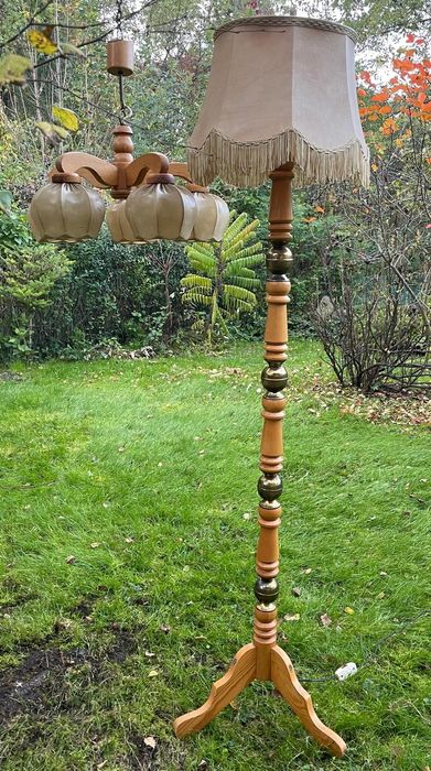 Lampa podłogowa stojąca drewno+mosiądz abażurem skóra VINTAGE komplet