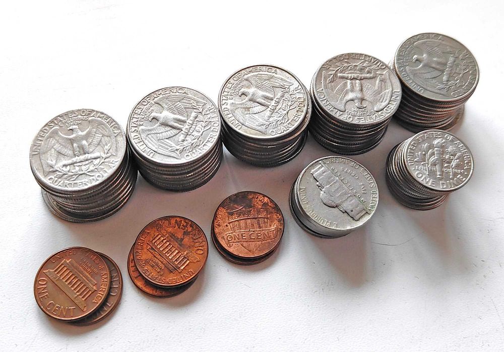 Монети США, центи (1 і 5 центів, дайм, четвертак), сумарно $14
