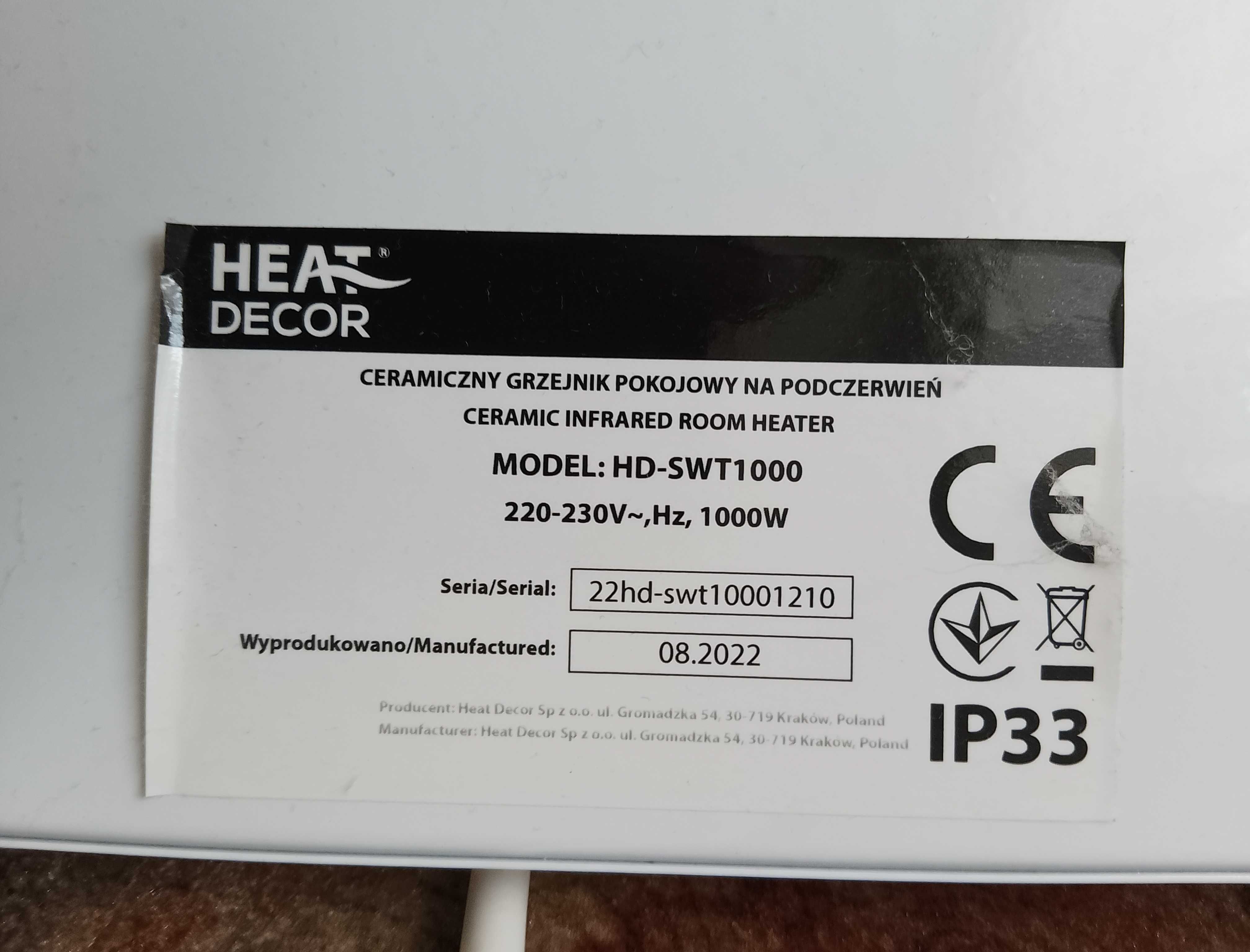 Grzejnik na podczerwień HEAT DECOR ceramiczny za 500 zł na gwarancji.