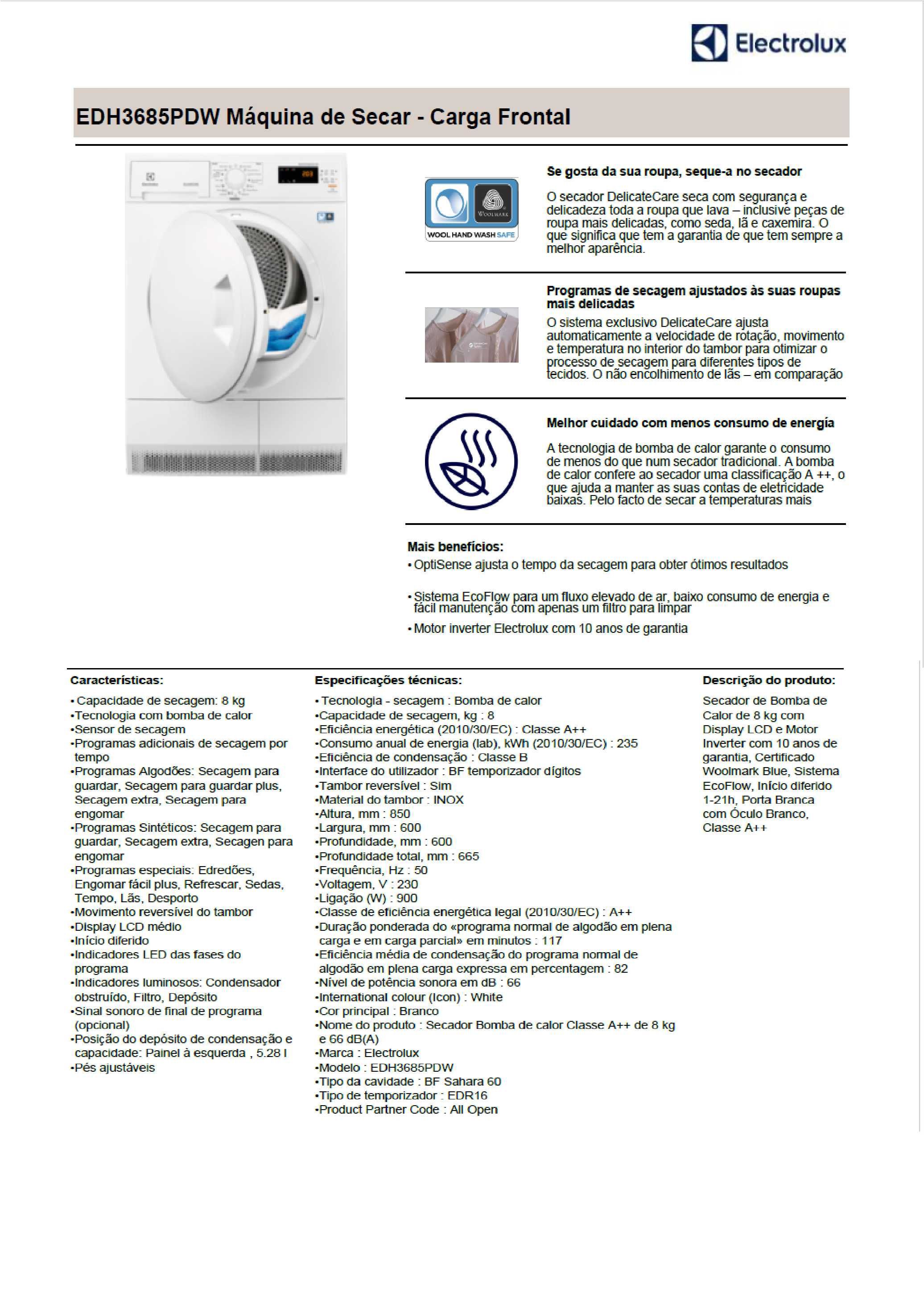 Máquina de secar roupa ELECTROLUX EDH3685TDW.