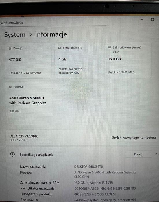 Laptop gamingowy Dell G15-5515