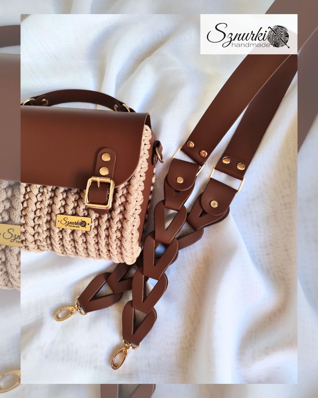 Torebka listonoszka skóra naturalna ręcznie szydełkowana handmade