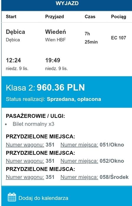 Bilety Pociąg Dębica-Wiedeń 09.11.25 3 osoby
