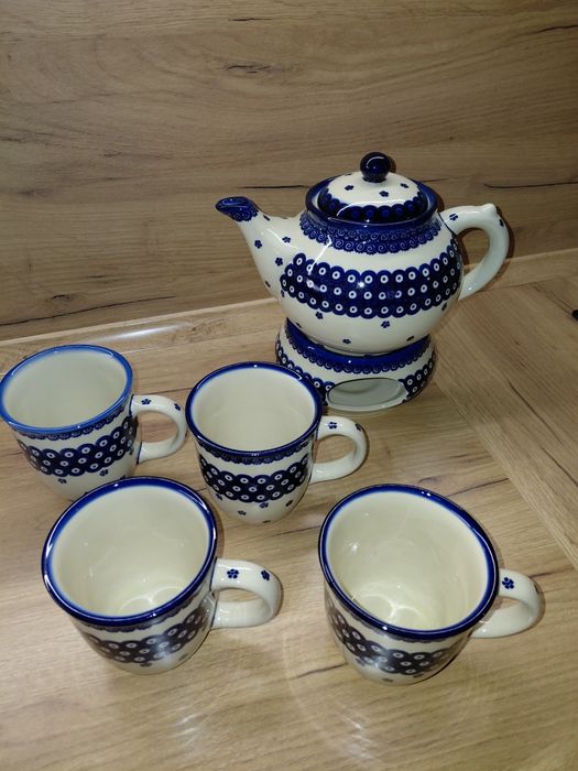 Ceramika Bolesławiec Zestaw Dzbanek Podgrzewacz Kubki