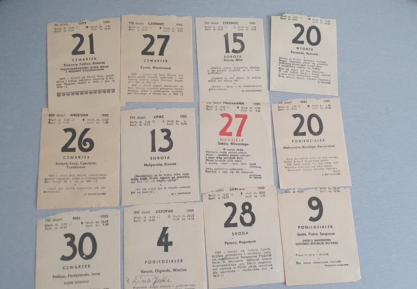 Kartki z kalendarza 1985 12szt