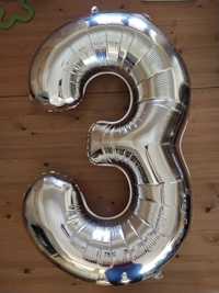 3 duży balon urodzinowy, trzecie urodziny, ok. 80 cm, srebrny