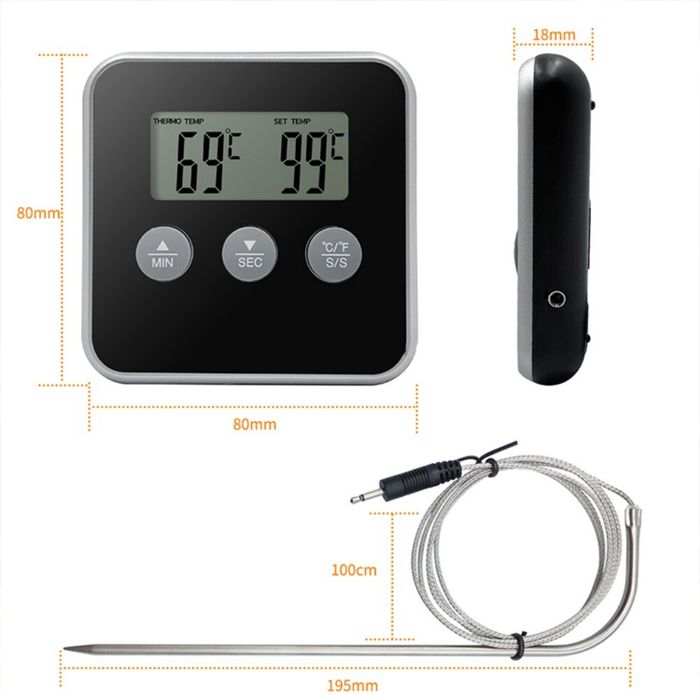 Термометр кухонный с выносным щупом таймер, для мяса, с магнитом