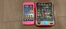 Telefon zabawkowy firmy fisher Price oraz tablet uczniaczek smoły play