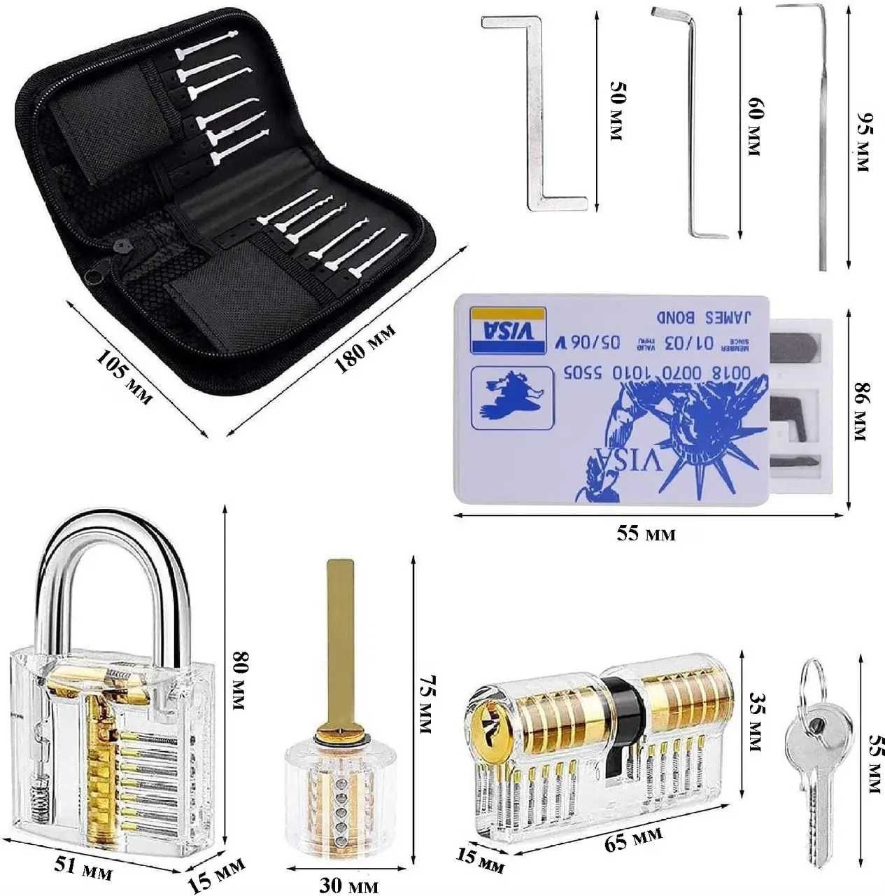 Тренировочные замки для слесаря с отмычками (3 замка + 22 отмычки)
