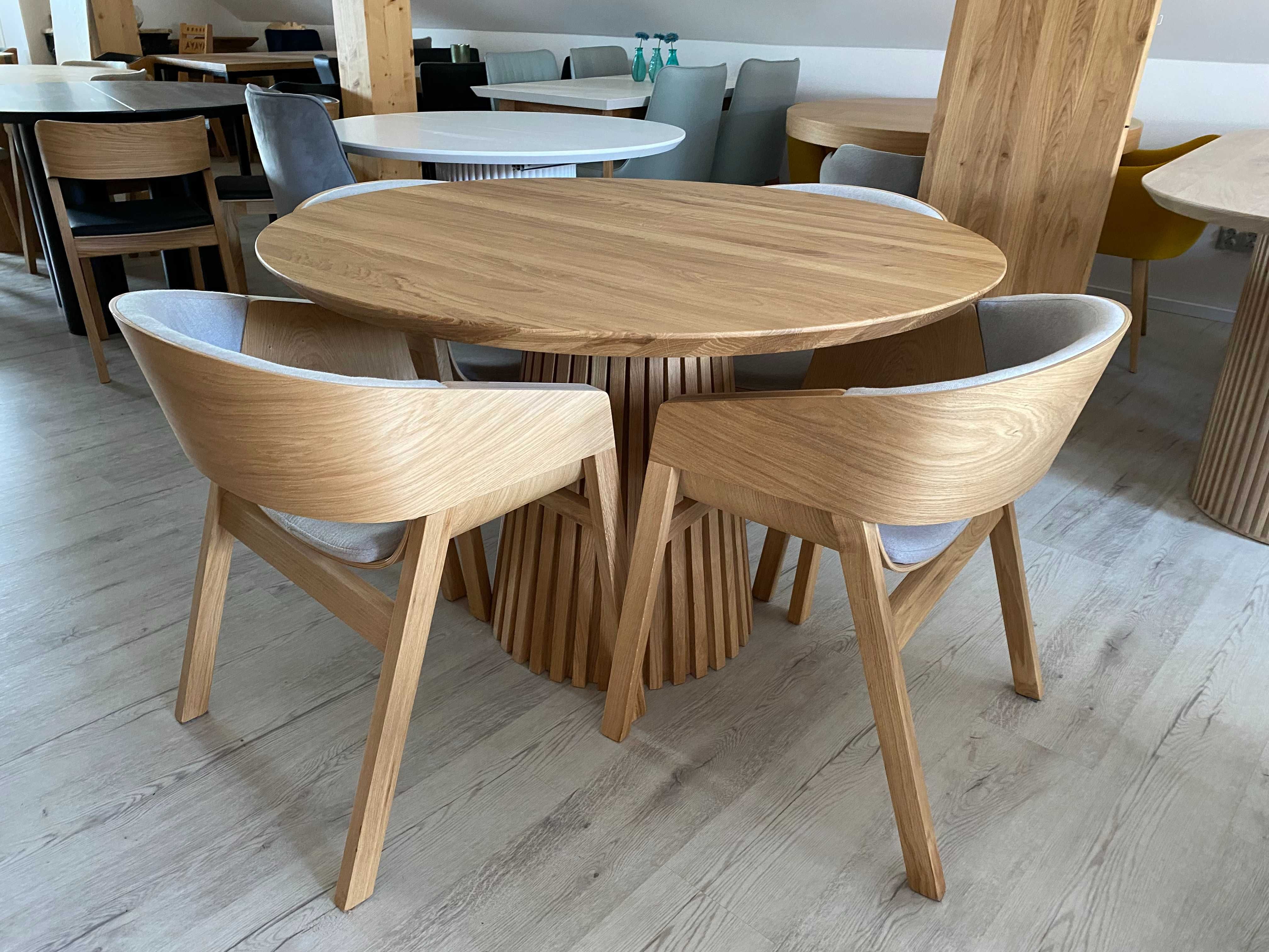 Stół okrągły rozkładany Fi 120+50 lite drewno,lamele plus 4 krzesła