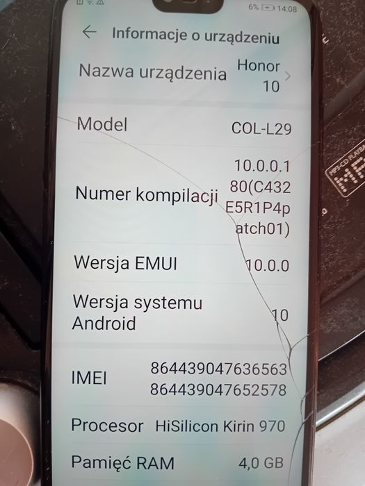 Telefon Honor 10 COL-L29 4GB RAM 64GB Pamięci