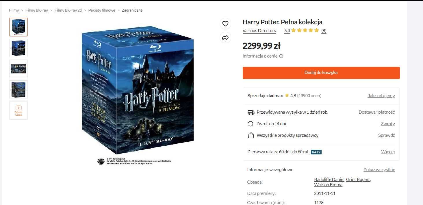 Kolekcja filmów harry potter blu-ray dodatki plus gra harry potter