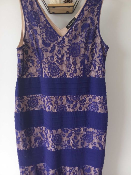 Granatowo beżowa sukienka Boho imprezowa 42/44