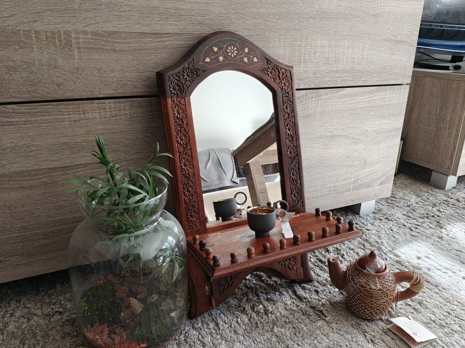 Lustro drewniane etniczne z Indii antyk vintage