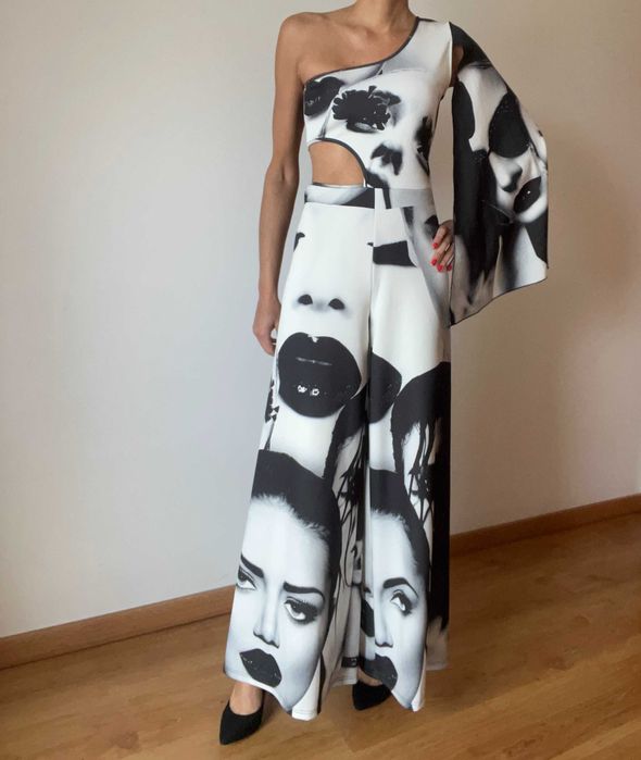 Macacão Estampado Preto e Branco