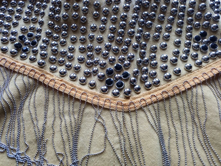 Kurtka ramoneska jeansowa ćwieki frędzle łańcuszki 42