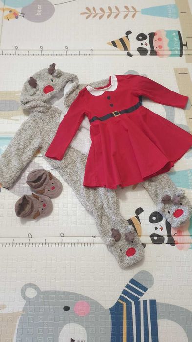 Sukienka świąteczna, Kombinezon a Kapcie Renifer, Komplet, r.74-80