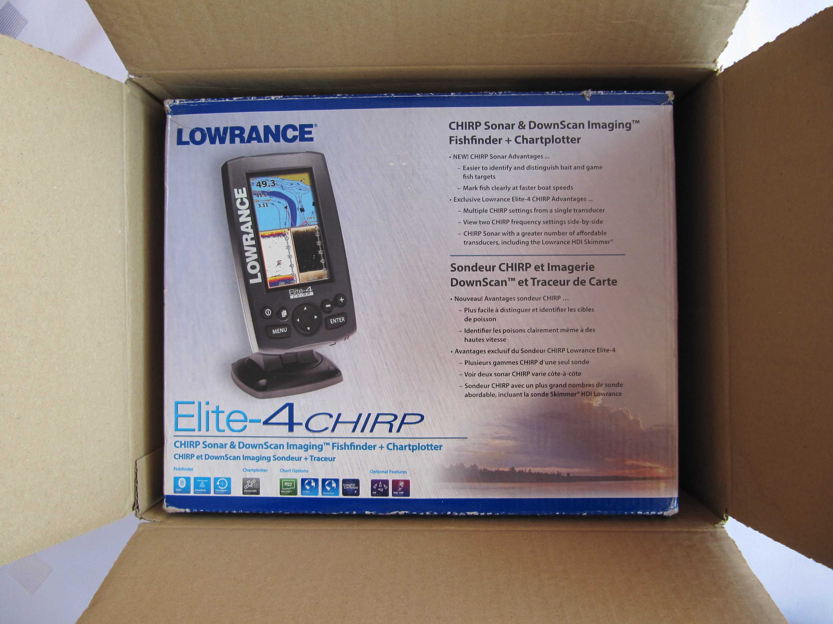 echosonda Lowrance Elite 4 CHIRP + SD MaxiMapa + dodatki - NOWA
