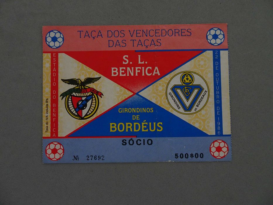 Bilhete de Futebol Benfica Bordéus Taça dos Vencedores das Taças 1986
