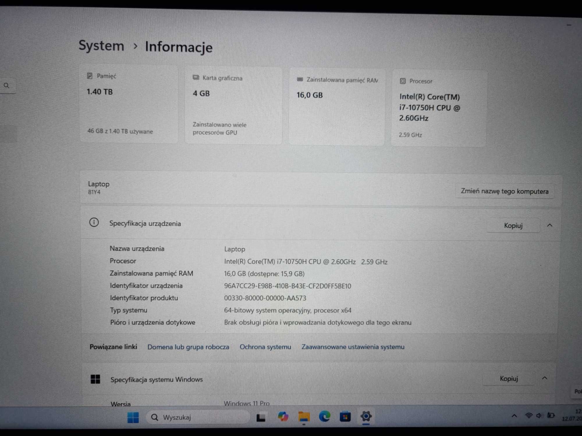 Laptop Lenovo 15,6" i7-10750H 6x2,6GHz GTX 1650Ti Win11 Pro 16GB 2xSSD