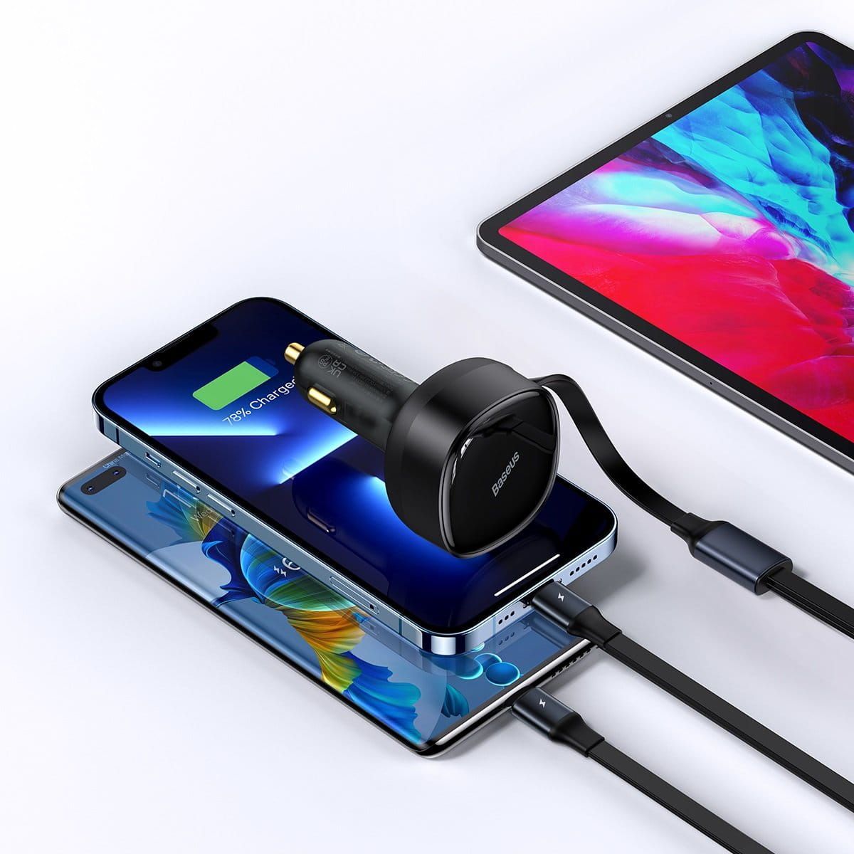 Baseus Ładowarka Samochodowa Zwijany Kabel 2w1 Usb C Lightning 30W