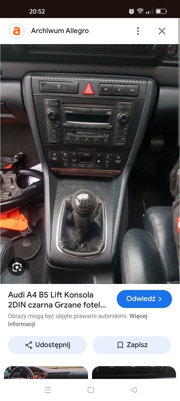 Radio fabryczne Audi Symphony razem z konsolą