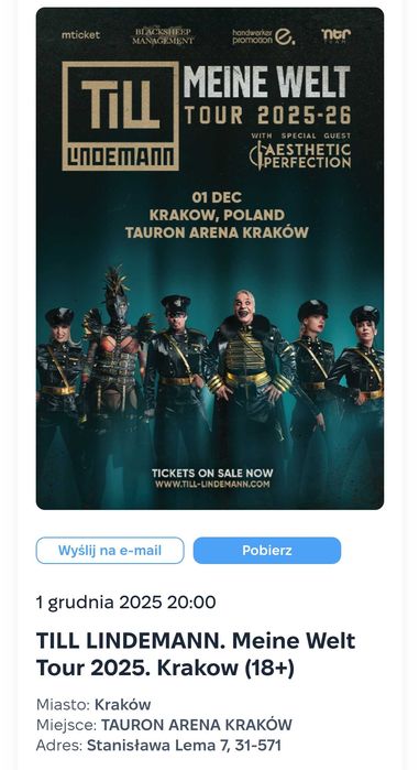 2 bilety na koncert TILL LINDEMANN 1.12