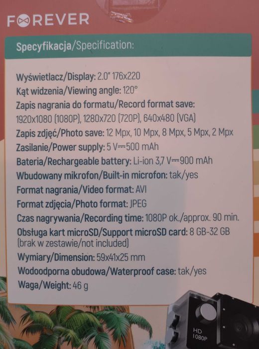 Kamera sportowa Forever. Full HD. Wodoodporna