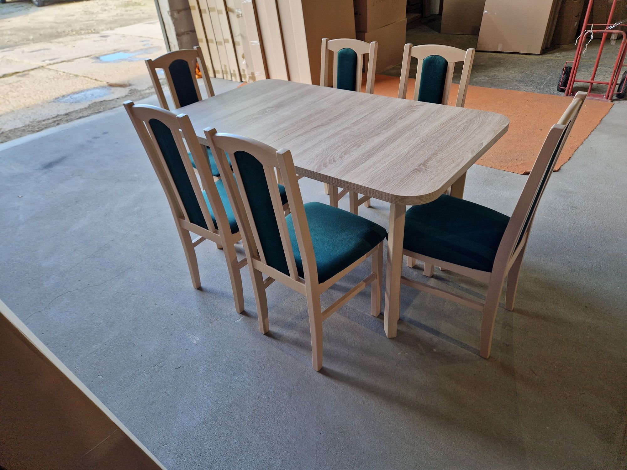 Nowe : Stół 80x140/180 + 6 krzeseł, sonoma+butelkowy zielony, dostawa
