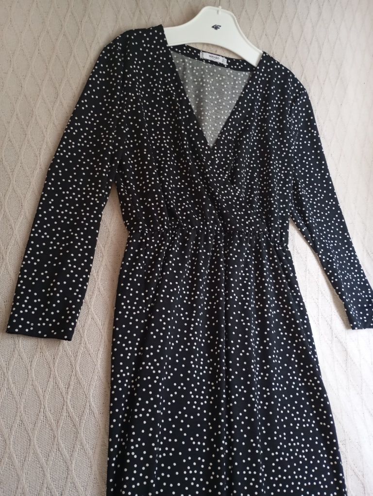 MANGO r.M kopertowa elegancka długa sukienka midi czarna w kropki