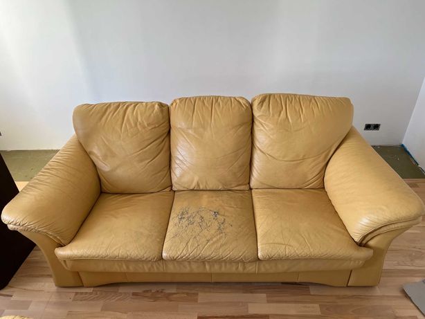 Skórzana kanapa 3-osobowa z funkcją spania oraz dwa fotele KLER